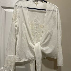 J JILL White Tie-Front Blouse with Embroidery